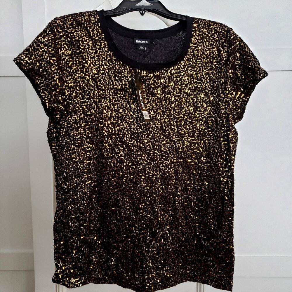 BNWT Donna Karan New York Luminous Black,Gold Short-Sleeve Sequin blouse (L)